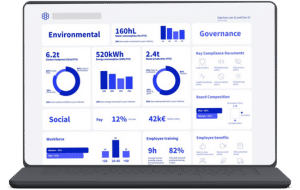 Tableau de bord ESG sur ordinateur portable : indicateurs environnementaux, sociaux et de gouvernance