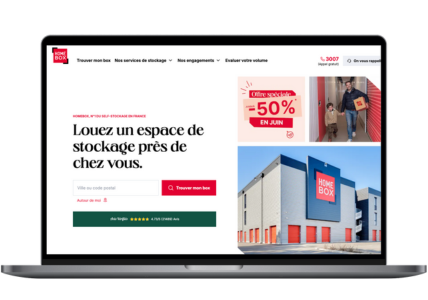 Page d'accueil du site Homebox, location d'espaces de stockage, sur ordinateur portable