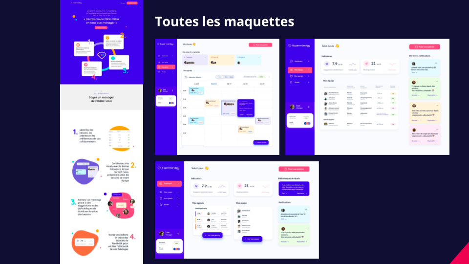 Captures d'écrans de différentes maquettes produites lors du Design Sprint mené par theTribe pour son client, l'entreprise Supermonday