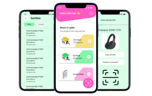 Écrans de l'application mobile Marcea : entrées, sorties et inventaire de stock