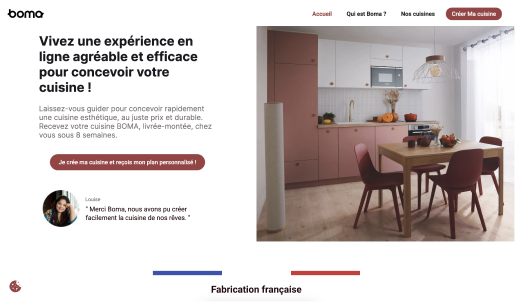 Homepage du site internet de Boma cuisines, entreprise cliente de theTribe.