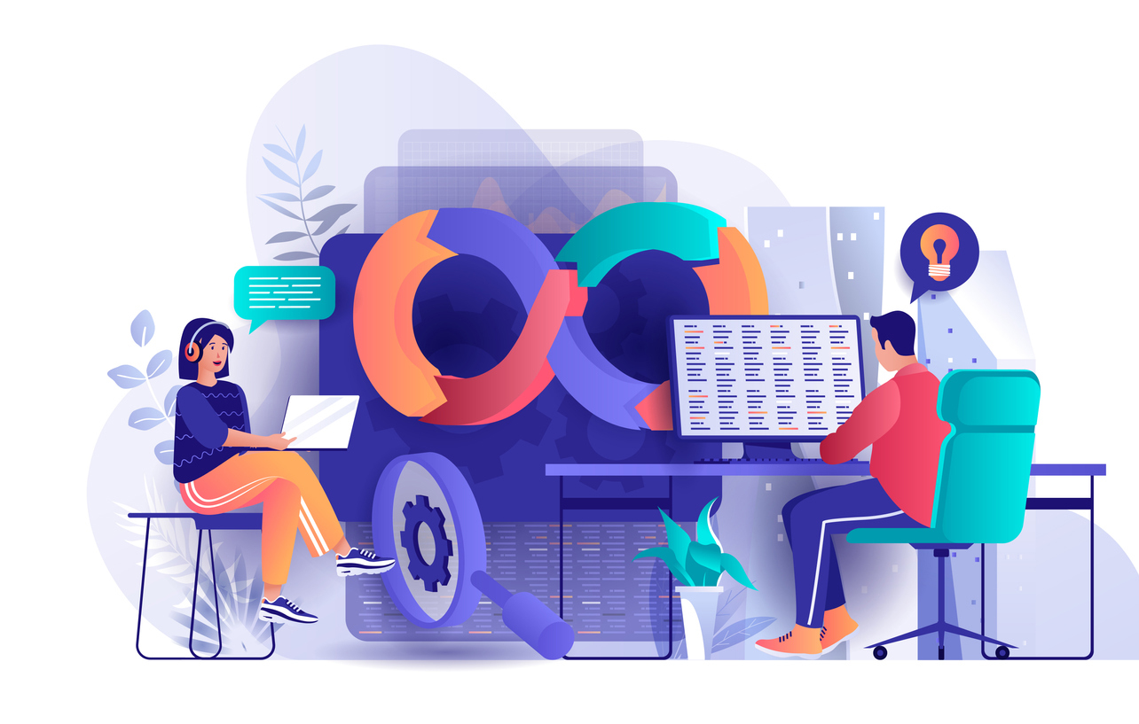 DevOps concept in flat design. Development operations scene template. Team of programmer working at laptop, coding, testing, engineering process. Vector illustration of people characters activities