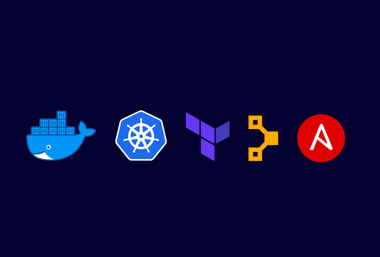 Image mise en avant - Logos des principaux outils DevOps, de gauche à droite : Docker, Kubernetess, Terraform, Puppet et Ansible