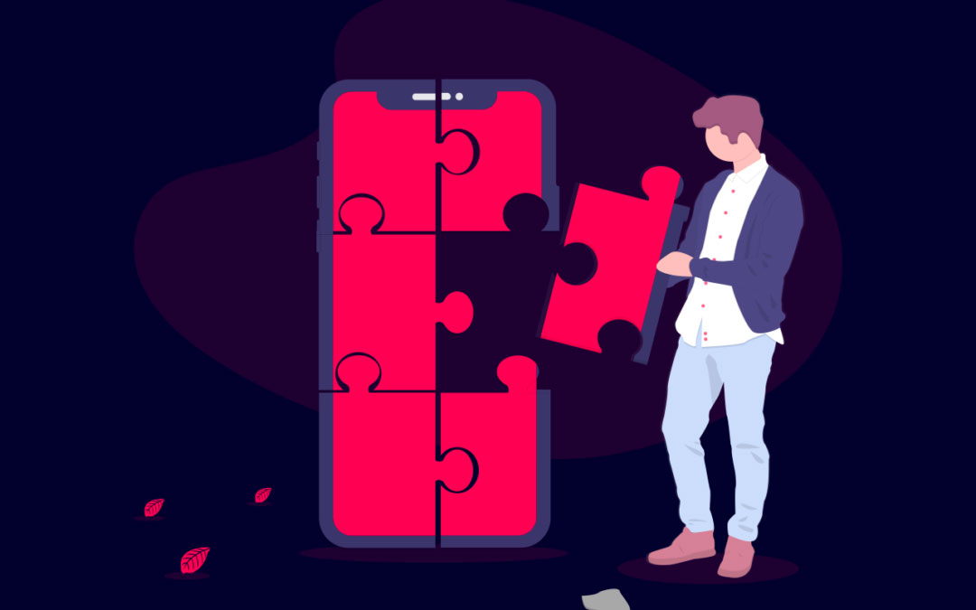 Graphisme présentant un homme tenant la dernière pièce d'un puzzle formant un smartphone géant